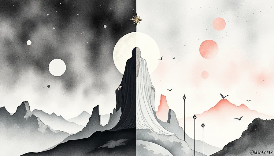 ink and watercolor, contrast between darkness and light to emphasize both equal sides, ethereal deco, detailed linework, soft color gradients, geometric elegance, ethereal landscapes, whimsical elements , gradient blending, enchanting, serene, magical realism