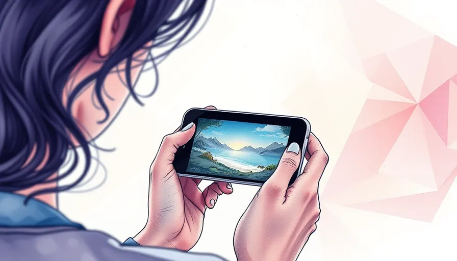 ink and watercolor, someone watching a mobile phone in their hand with a video in screen, ethereal deco, detailed linework, soft color gradients, geometric elegance, ethereal landscapes, whimsical elements , gradient blending, enchanting, serene, magical realism